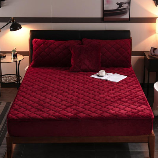 KTX-381651 Quilted Crystal Velvet Bed Sheet Cover - Non-Slip & Warm for Standard and Heightened Mattresses