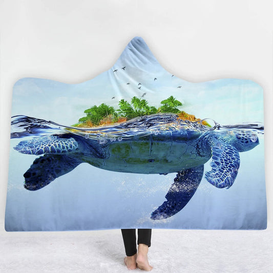 KTX-383379 Ocean Turtle Series Hooded Blanket Cape - Winter Warmth in Soft Polyester and Plush, 150x200 cm