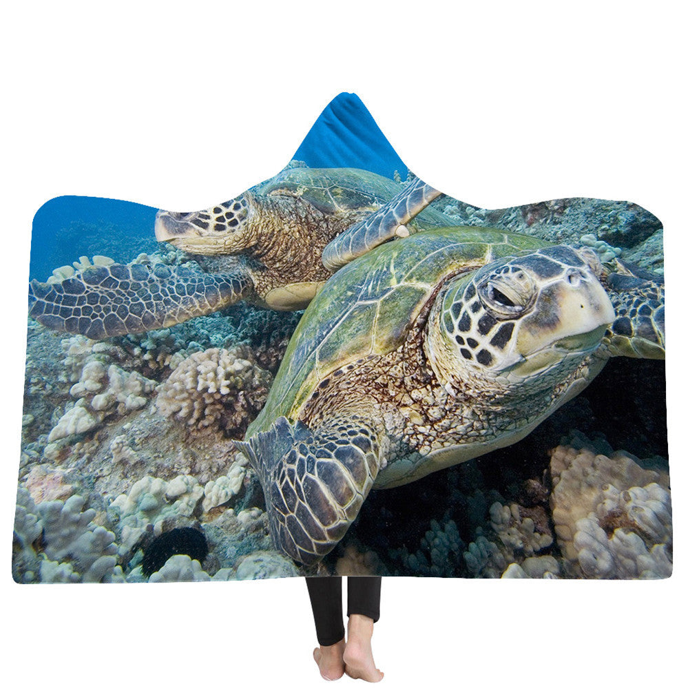 KTX-383379 Ocean Turtle Series Hooded Blanket Cape - Winter Warmth in Soft Polyester and Plush, 150x200 cm