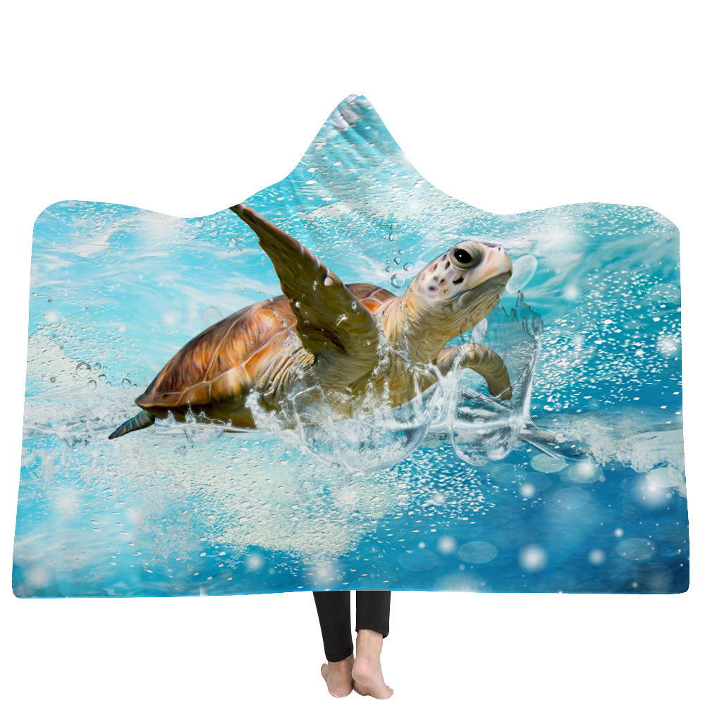 KTX-383379 Ocean Turtle Series Hooded Blanket Cape - Winter Warmth in Soft Polyester and Plush, 150x200 cm
