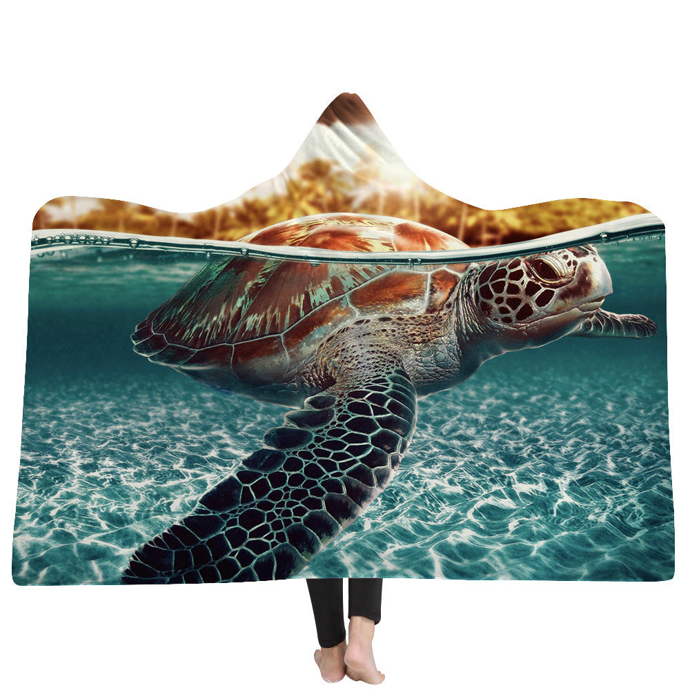 KTX-383379 Ocean Turtle Series Hooded Blanket Cape - Winter Warmth in Soft Polyester and Plush, 150x200 cm