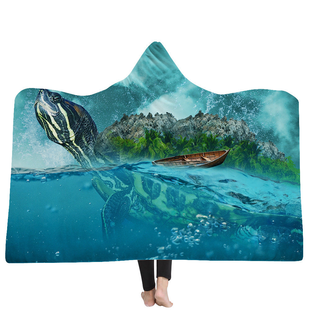 KTX-383379 Ocean Turtle Series Hooded Blanket Cape - Winter Warmth in Soft Polyester and Plush, 150x200 cm