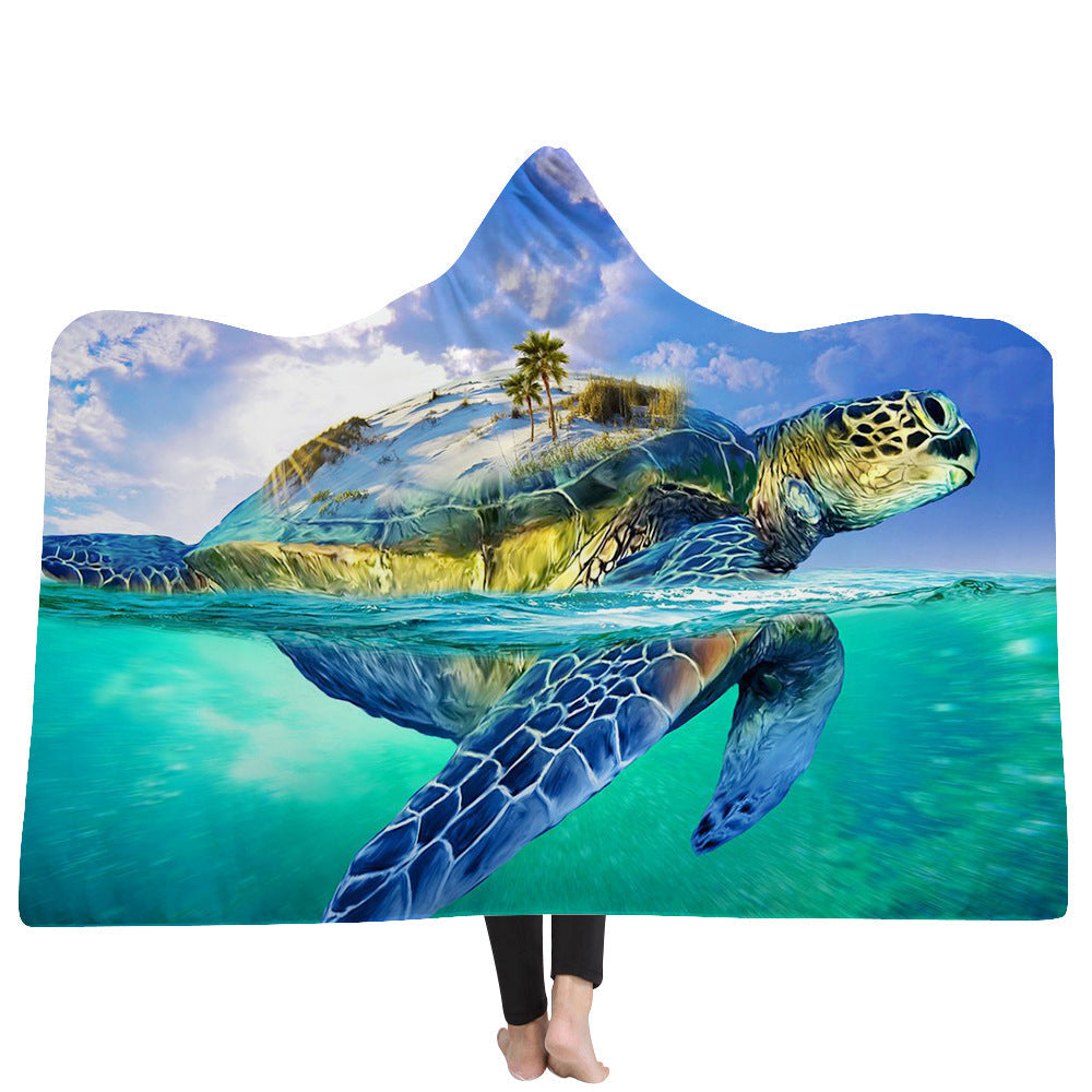 KTX-383379 Ocean Turtle Series Hooded Blanket Cape - Winter Warmth in Soft Polyester and Plush, 150x200 cm