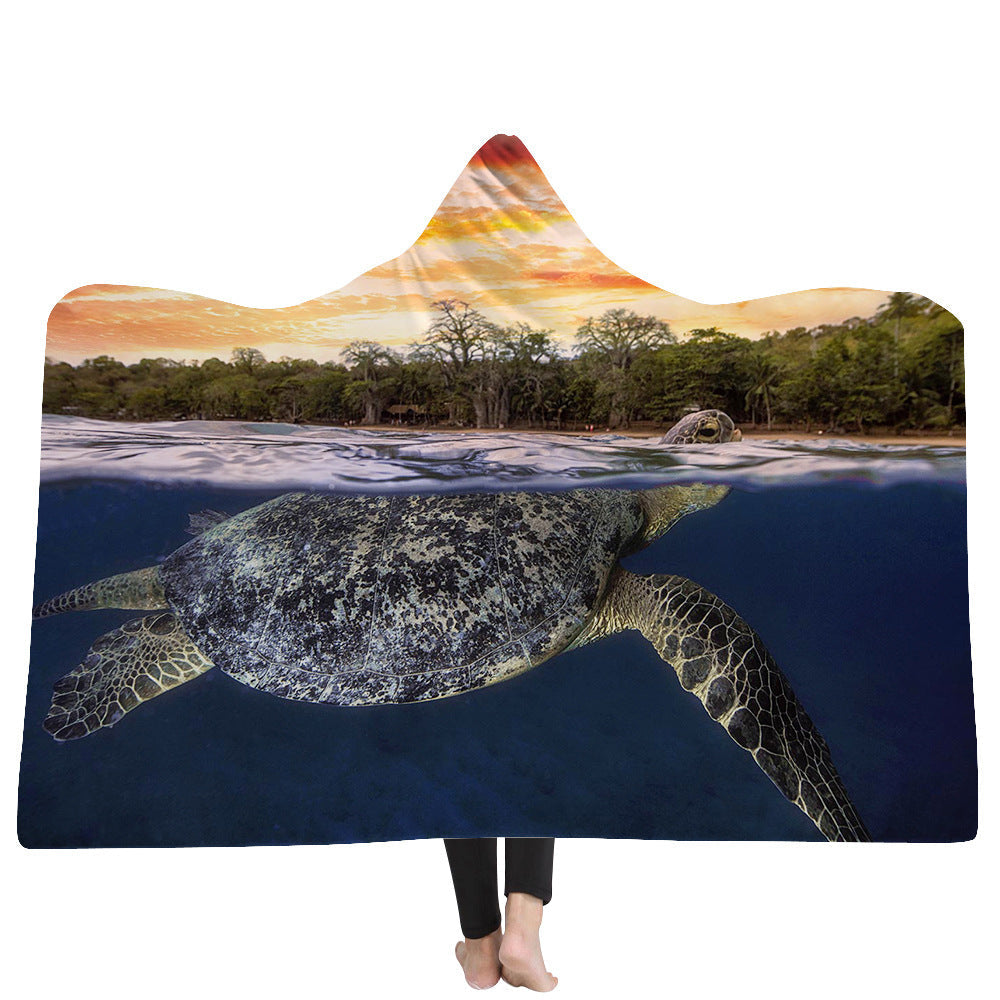 KTX-383379 Ocean Turtle Series Hooded Blanket Cape - Winter Warmth in Soft Polyester and Plush, 150x200 cm