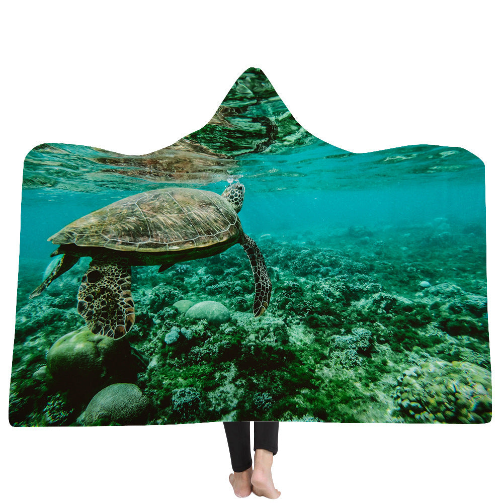 KTX-383379 Ocean Turtle Series Hooded Blanket Cape - Winter Warmth in Soft Polyester and Plush, 150x200 cm