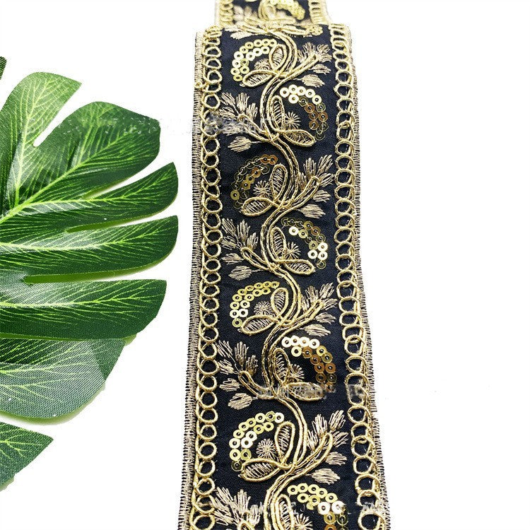 KTX-383635 Gold Thread Polyester Embroidery Ribbon - Bohemian Style Crafting Supplies