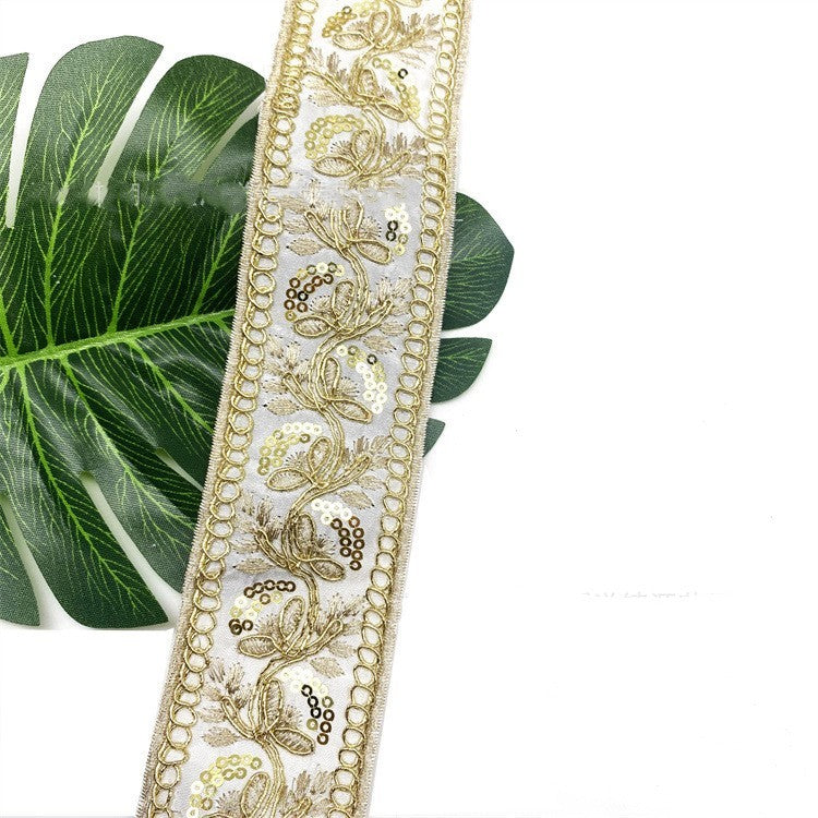 KTX-383635 Gold Thread Polyester Embroidery Ribbon - Bohemian Style Crafting Supplies