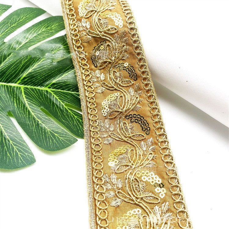 KTX-383635 Gold Thread Polyester Embroidery Ribbon - Bohemian Style Crafting Supplies