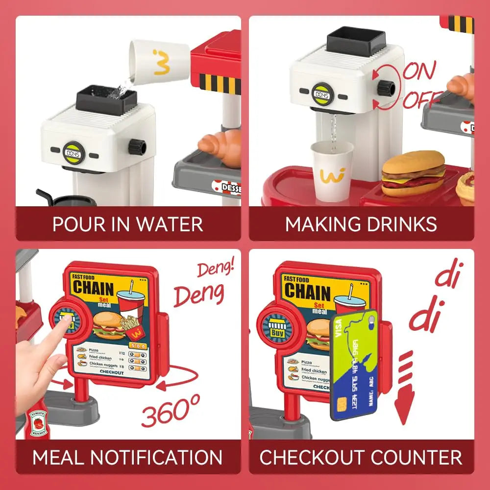 KTX-383635 Mini Simulation Hamburger and Coffee Machine Play Set with 71PCS Kitchen Toys for Kids