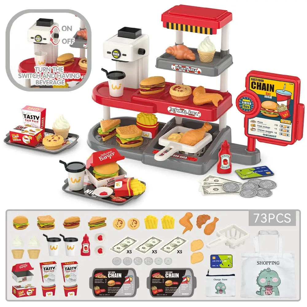 KTX-383635 Mini Simulation Hamburger and Coffee Machine Play Set with 71PCS Kitchen Toys for Kids