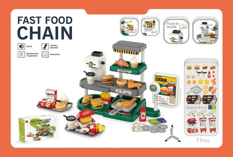 KTX-383635 Mini Simulation Hamburger and Coffee Machine Play Set with 71PCS Kitchen Toys for Kids