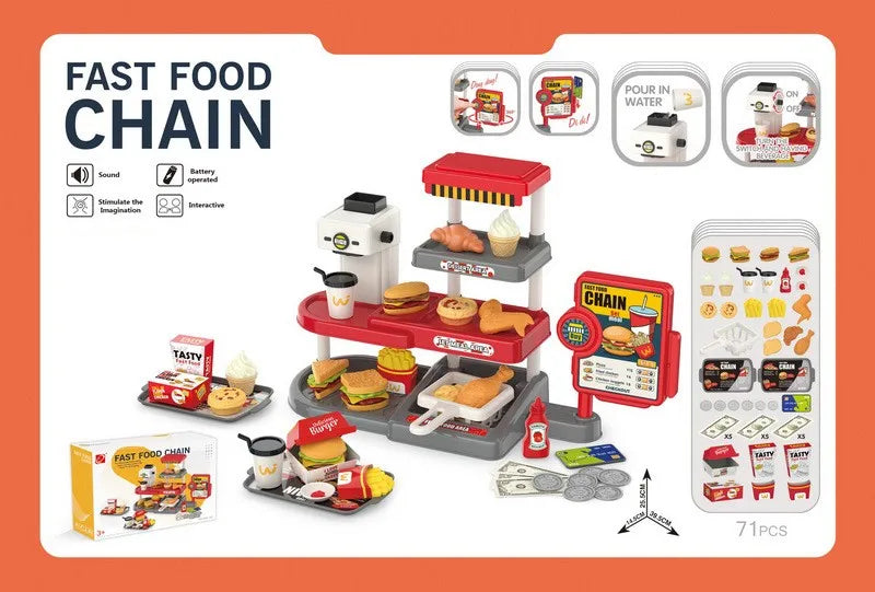 KTX-383635 Mini Simulation Hamburger and Coffee Machine Play Set with 71PCS Kitchen Toys for Kids