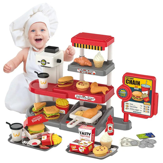 KTX-383635 Mini Simulation Hamburger and Coffee Machine Play Set with 71PCS Kitchen Toys for Kids