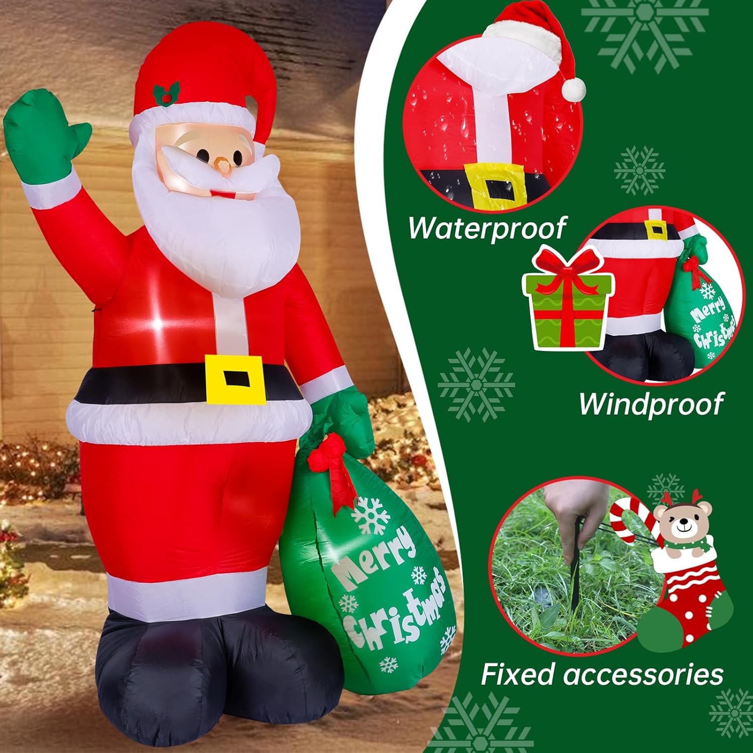 KTX-384147 8FT Inflatable Santa Claus with Gift Bag and LED Lights for Holiday Lawn Decoration