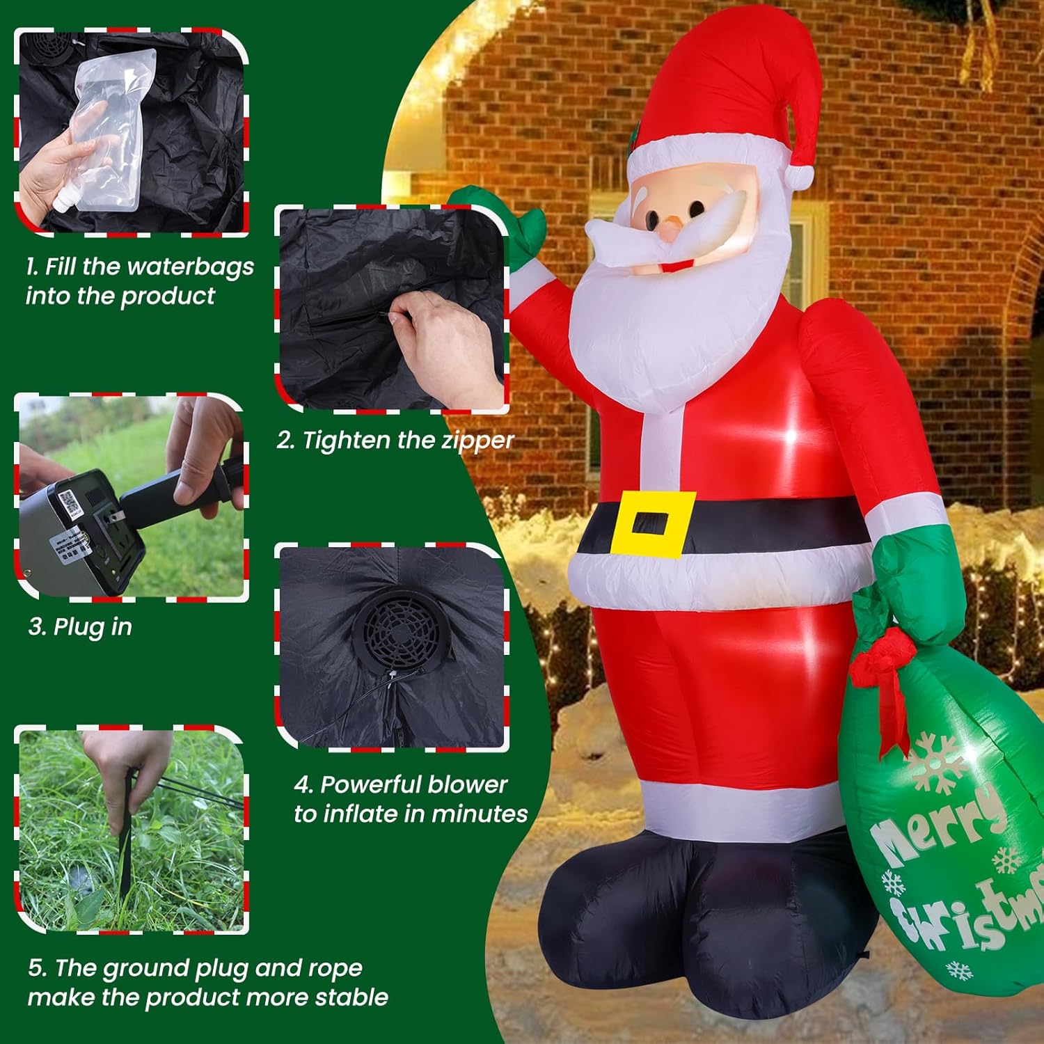 KTX-384147 8FT Inflatable Santa Claus with Gift Bag and LED Lights for Holiday Lawn Decoration
