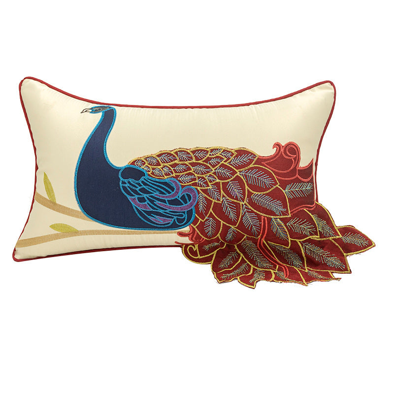 KTX-385939 New Chinese Style Embroidered Waist Pillow Cover with Long Tail Peacock Design for Living Room and Bedroom