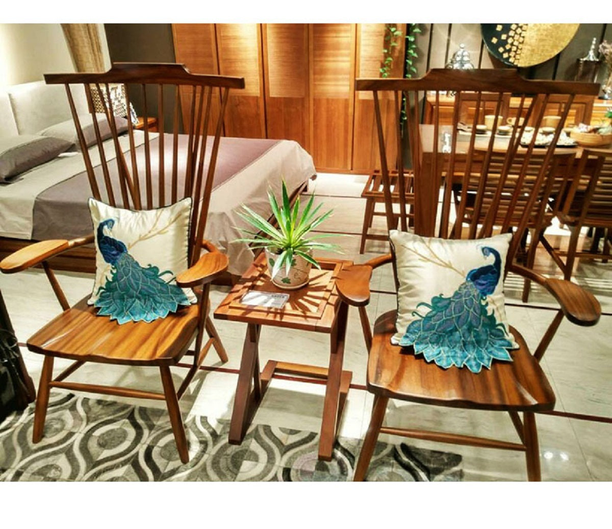 KTX-385939 New Chinese Style Embroidered Waist Pillow Cover with Long Tail Peacock Design for Living Room and Bedroom