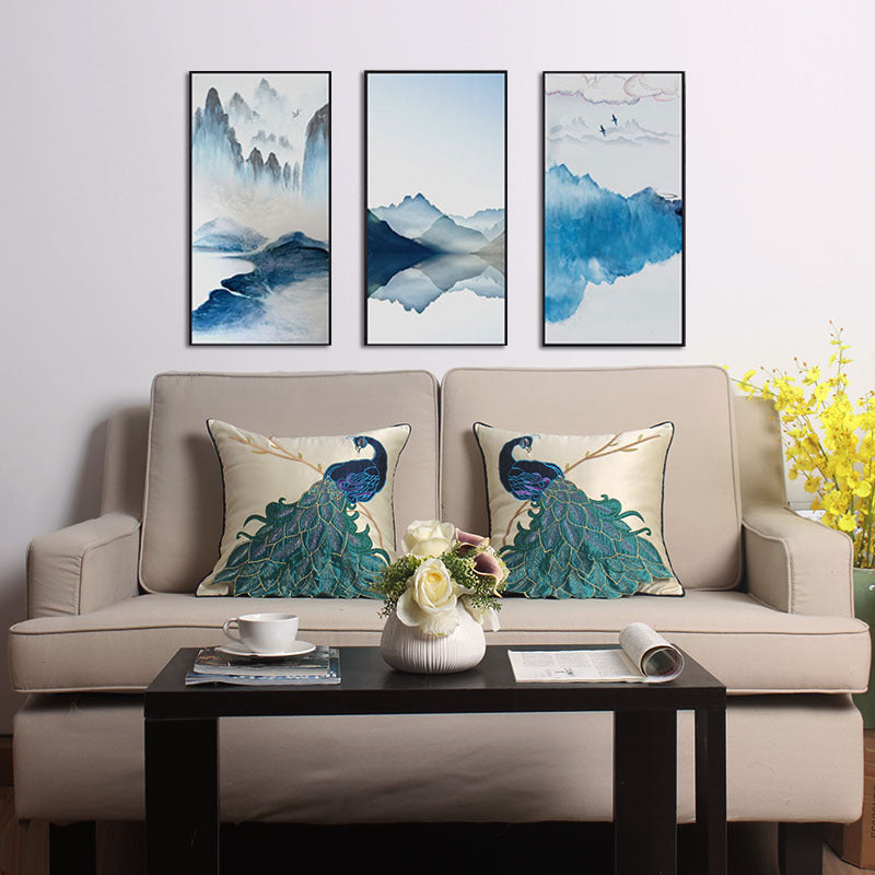 KTX-385939 New Chinese Style Embroidered Waist Pillow Cover with Long Tail Peacock Design for Living Room and Bedroom