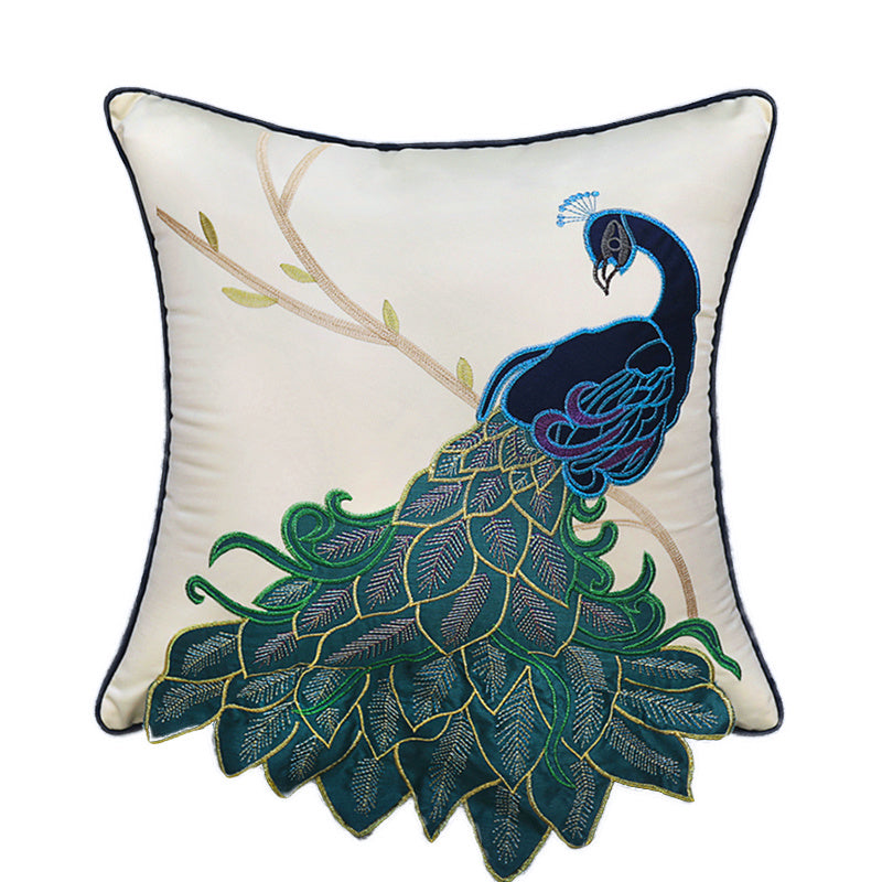 KTX-385939 New Chinese Style Embroidered Waist Pillow Cover with Long Tail Peacock Design for Living Room and Bedroom