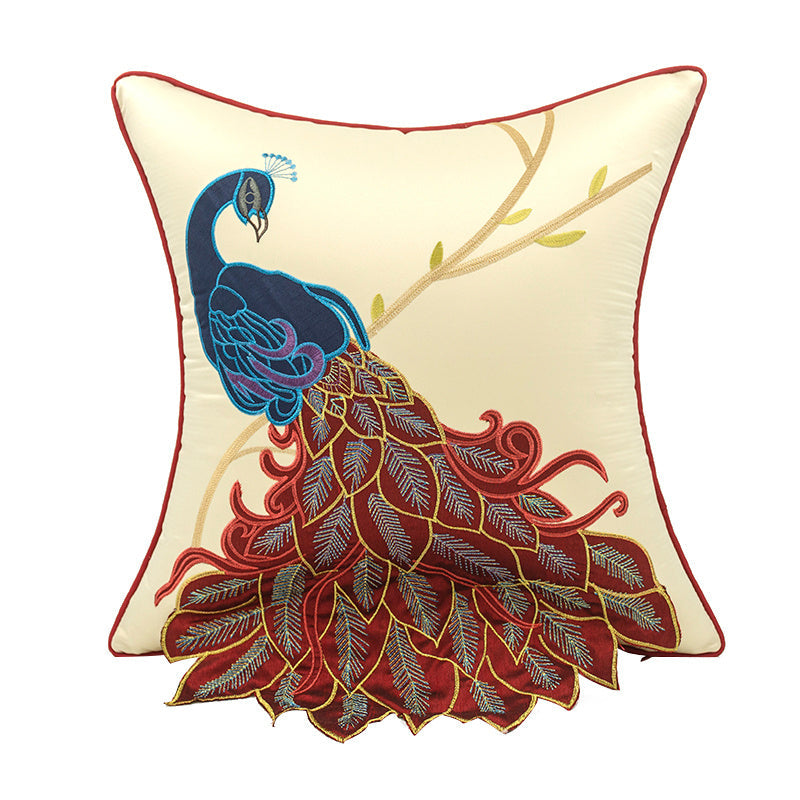 KTX-385939 New Chinese Style Embroidered Waist Pillow Cover with Long Tail Peacock Design for Living Room and Bedroom