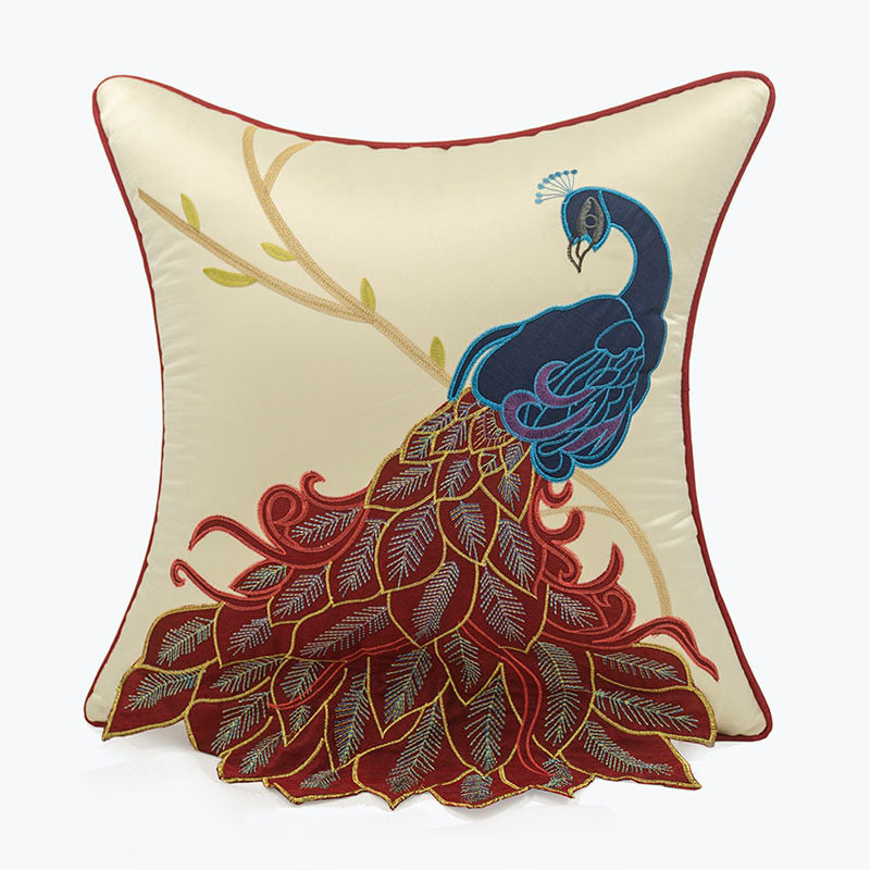 KTX-385939 New Chinese Style Embroidered Waist Pillow Cover with Long Tail Peacock Design for Living Room and Bedroom