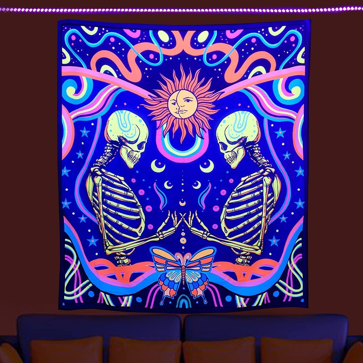 KTX-387091 UV Blue Light Skull Flower Eyes Tapestry - Modern Polyester Wall Hanging, Various Sizes Available