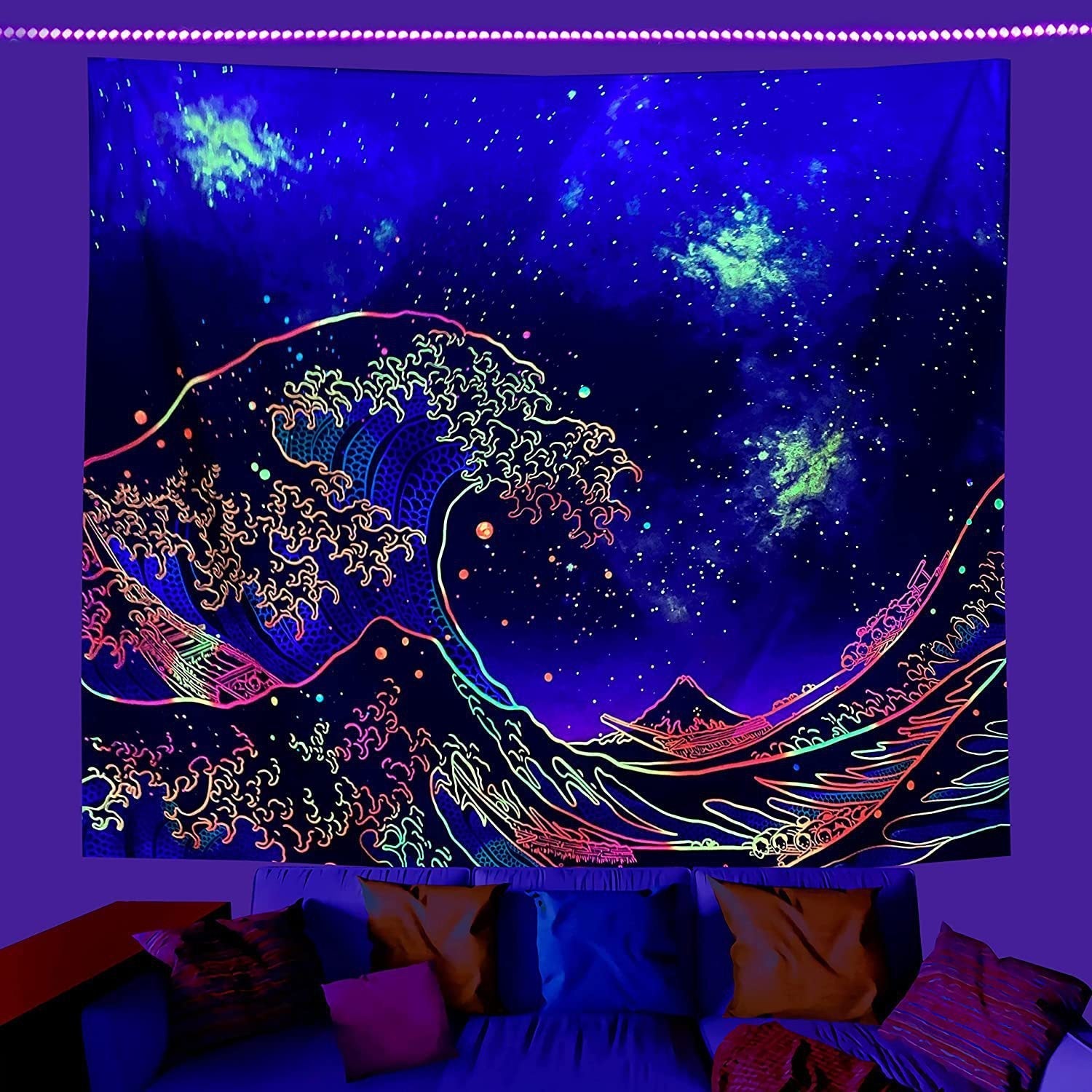 KTX-387091 UV Blue Light Skull Flower Eyes Tapestry - Modern Polyester Wall Hanging, Various Sizes Available
