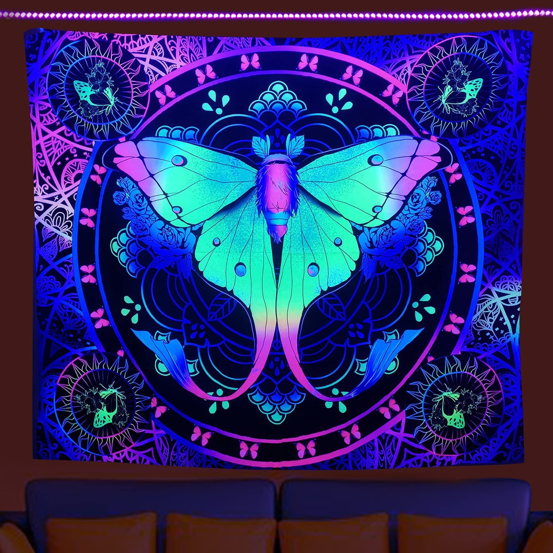 KTX-387091 UV Blue Light Skull Flower Eyes Tapestry - Modern Polyester Wall Hanging, Various Sizes Available