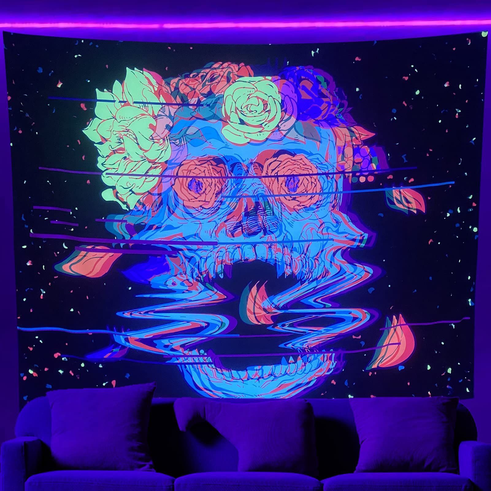KTX-387091 UV Blue Light Skull Flower Eyes Tapestry - Modern Polyester Wall Hanging, Various Sizes Available