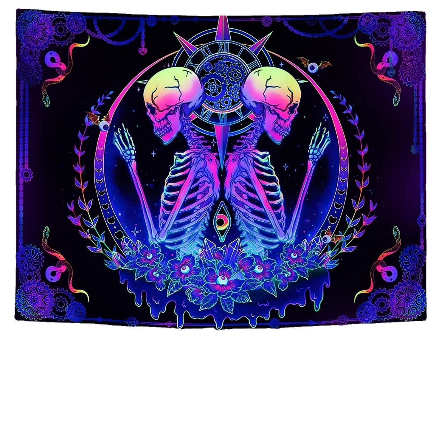 KTX-387091 UV Blue Light Skull Flower Eyes Tapestry - Modern Polyester Wall Hanging, Various Sizes Available