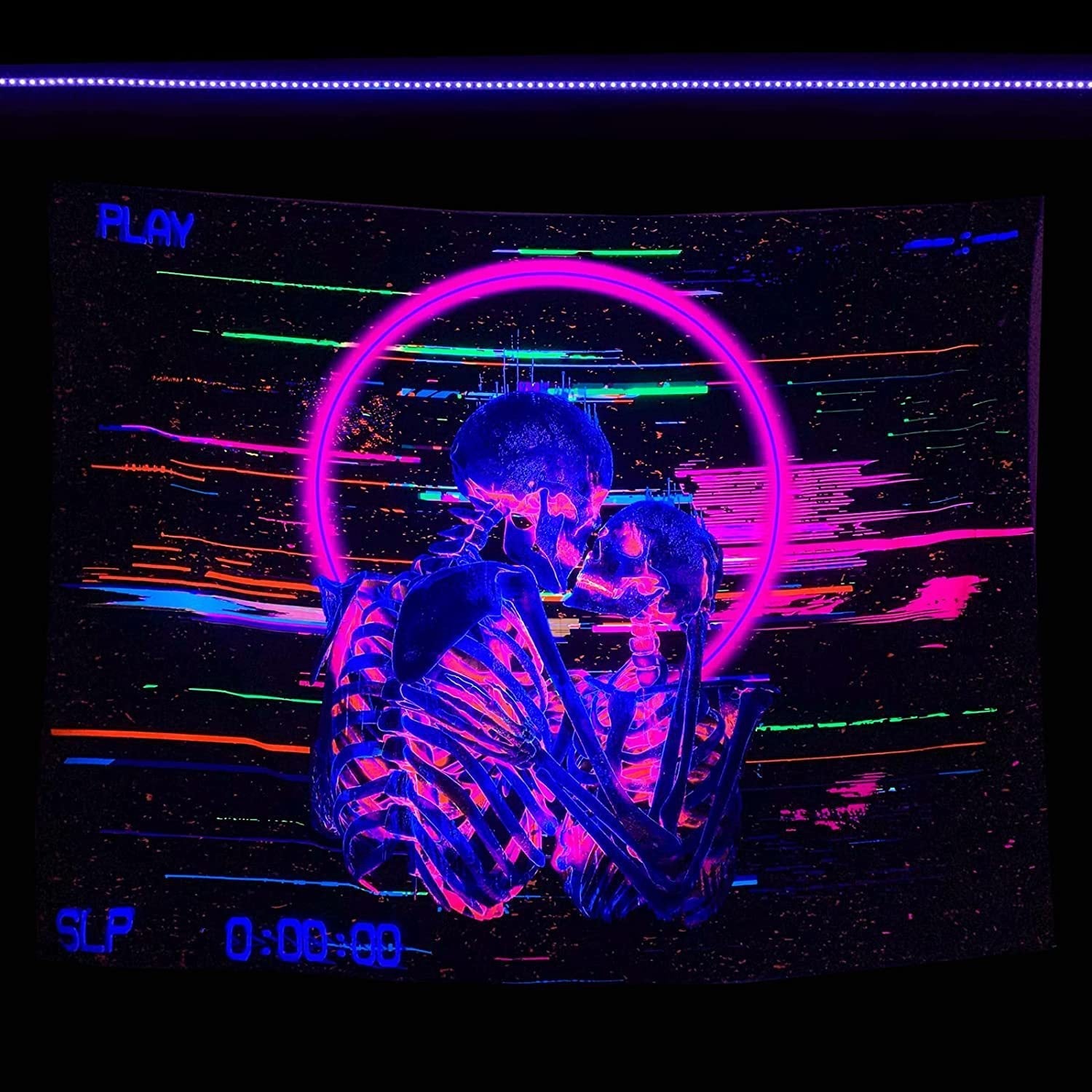 KTX-387091 UV Blue Light Skull Flower Eyes Tapestry - Modern Polyester Wall Hanging, Various Sizes Available