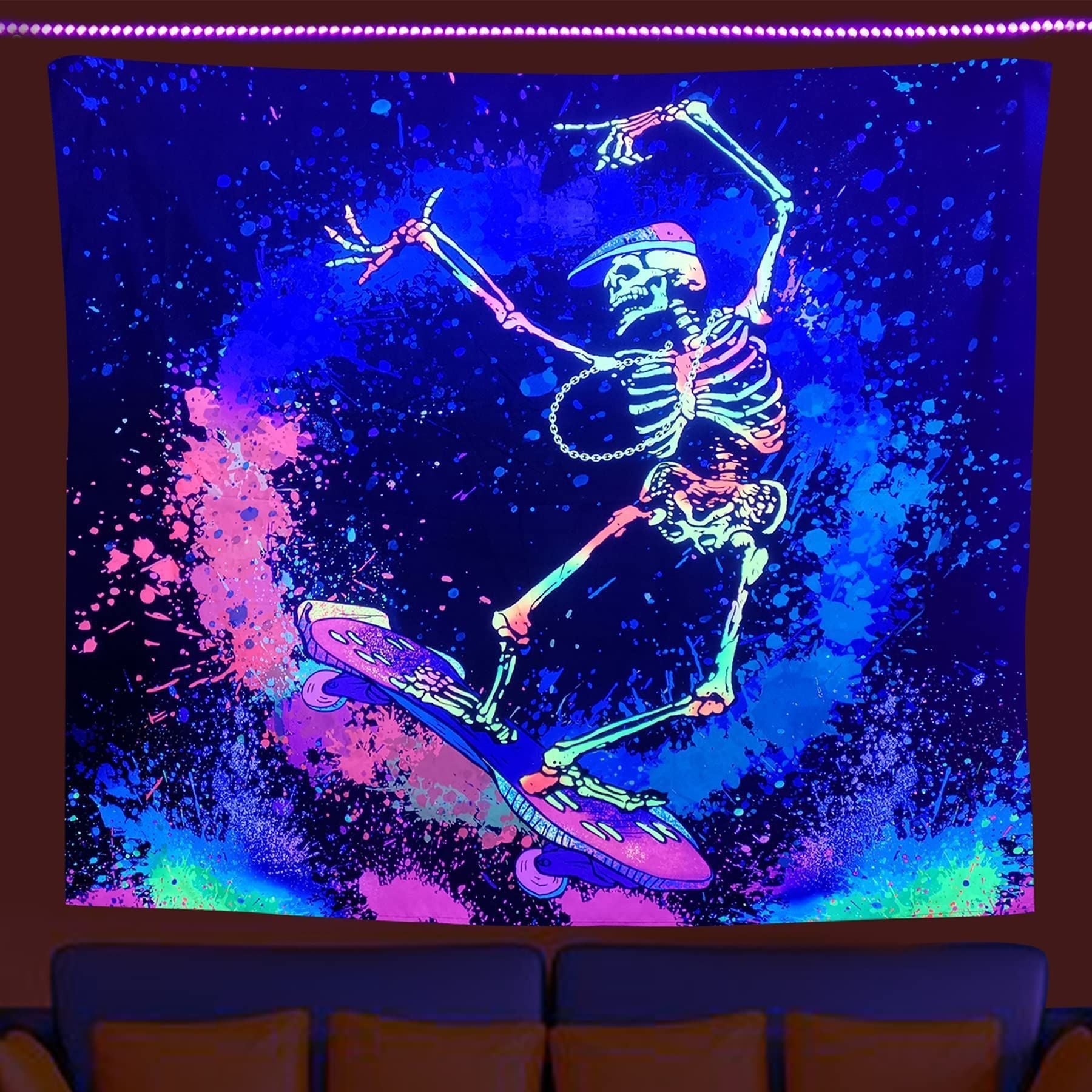 KTX-387091 UV Blue Light Skull Flower Eyes Tapestry - Modern Polyester Wall Hanging, Various Sizes Available
