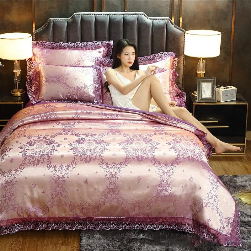 KTX-387411 Silk Satin Jacquard Lace Four-Piece Bedding Set with Floral Patterns for 1.5m & 1.8m Beds
