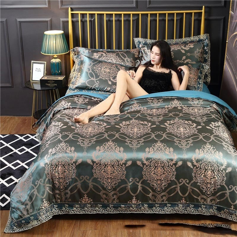 KTX-387411 Silk Satin Jacquard Lace Four-Piece Bedding Set with Floral Patterns for 1.5m & 1.8m Beds