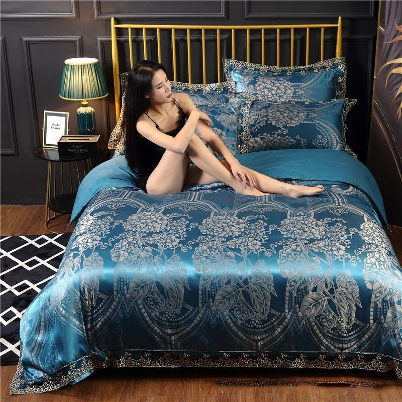 KTX-387411 Silk Satin Jacquard Lace Four-Piece Bedding Set with Floral Patterns for 1.5m & 1.8m Beds
