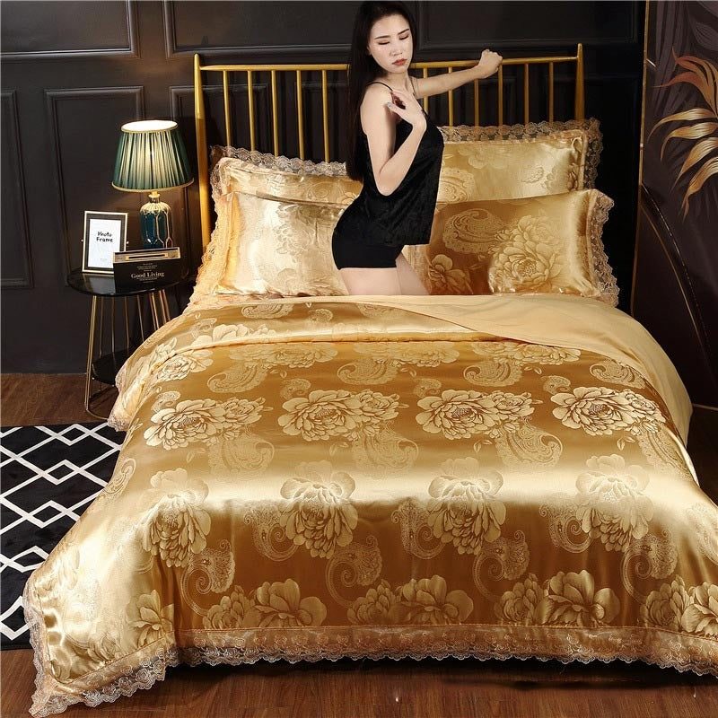 KTX-387411 Silk Satin Jacquard Lace Four-Piece Bedding Set with Floral Patterns for 1.5m & 1.8m Beds