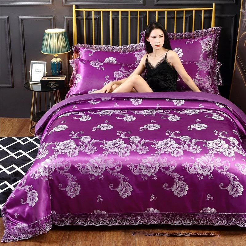 KTX-387411 Silk Satin Jacquard Lace Four-Piece Bedding Set with Floral Patterns for 1.5m & 1.8m Beds