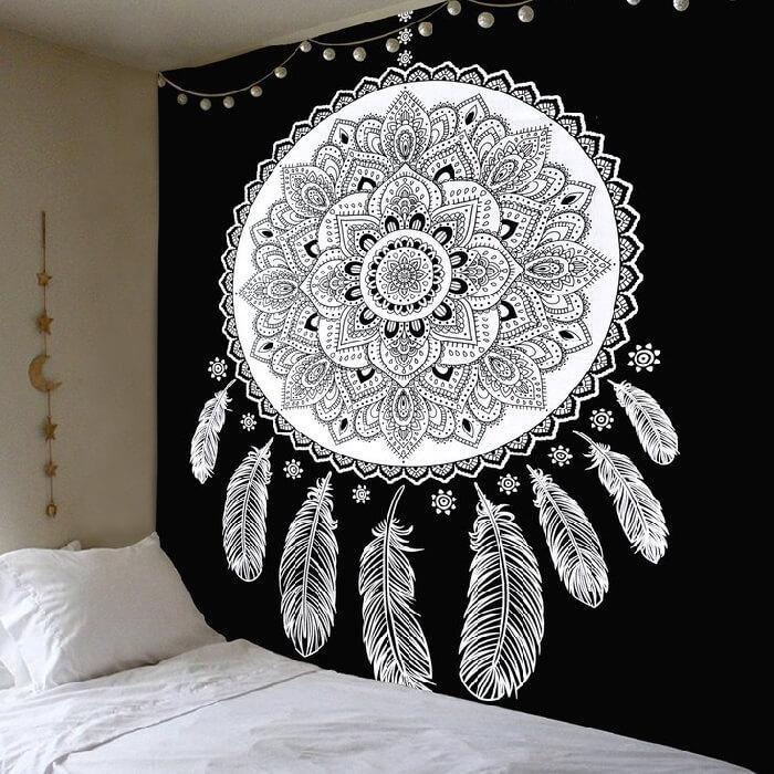 KTX-388115 Lotus Mandala Catcher Tapestry - 150x150cm, 100% Polyester, Vibrant Print Design