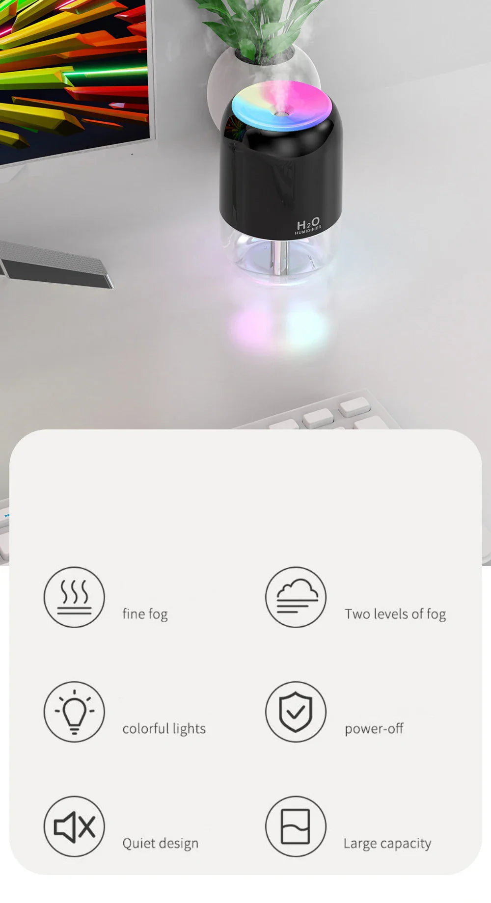 KTX-389907 200ML USB Mini Diffuser Humidifier with Colourful Light and Adjustable Spray Time