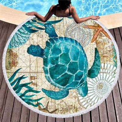 KTX-391635 Flower Color Microfiber Sea Turtle Beach Towel – 150x150cm