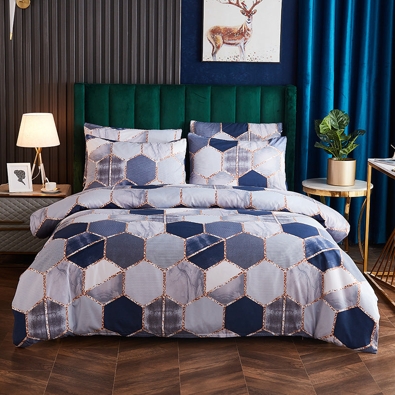 KTX-391699 Gradient Gilt Marble Double City Quilt Cover Set - Chemical Fiber, Reactive Print, Multiple Sizes Available