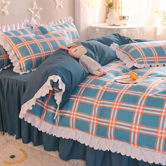 KTX-392851 Simple Love Lace Bed Four-Piece Bedding Set - Polyester Quilt with Various Color Options and Sizes