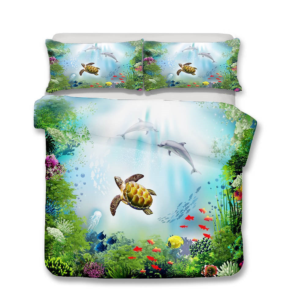 KTX-393491 Underwater World Quilted Textile Bedding Set in Polyester Fiber