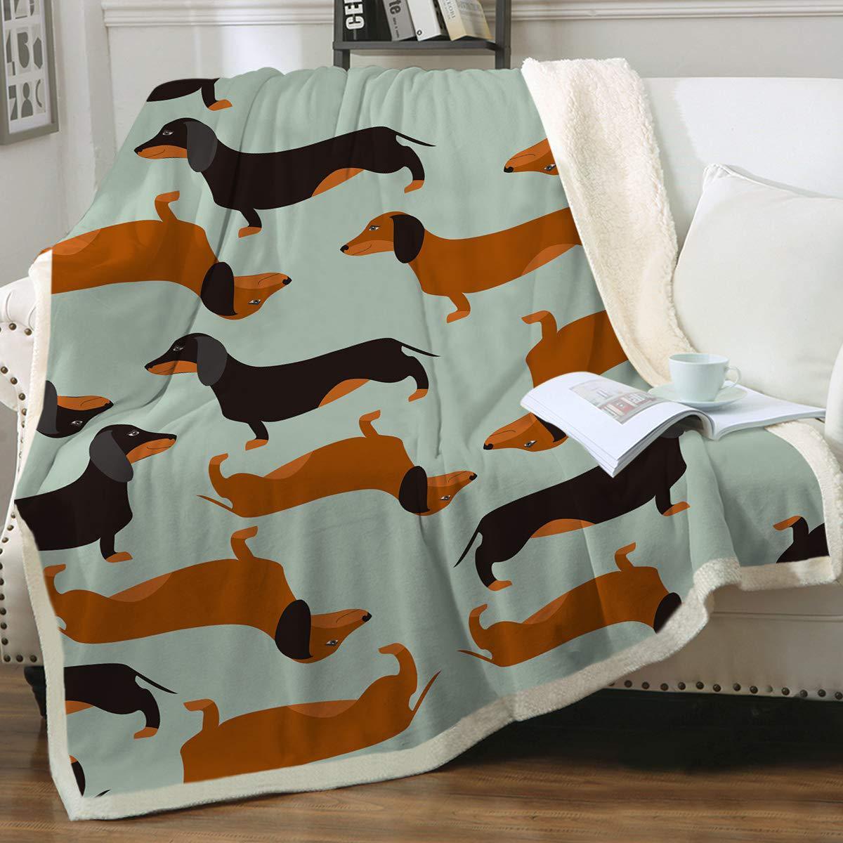 KTX-397459 Navy Blue Dachshund Pattern Woolen Blanket - Flannel Fabric, Multiple Sizes for All Seasons