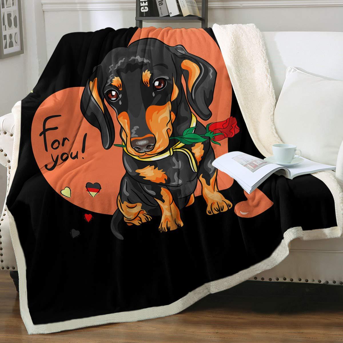 KTX-397459 Navy Blue Dachshund Pattern Woolen Blanket - Flannel Fabric, Multiple Sizes for All Seasons