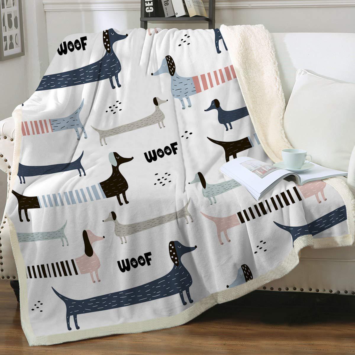 KTX-397459 Navy Blue Dachshund Pattern Woolen Blanket - Flannel Fabric, Multiple Sizes for All Seasons