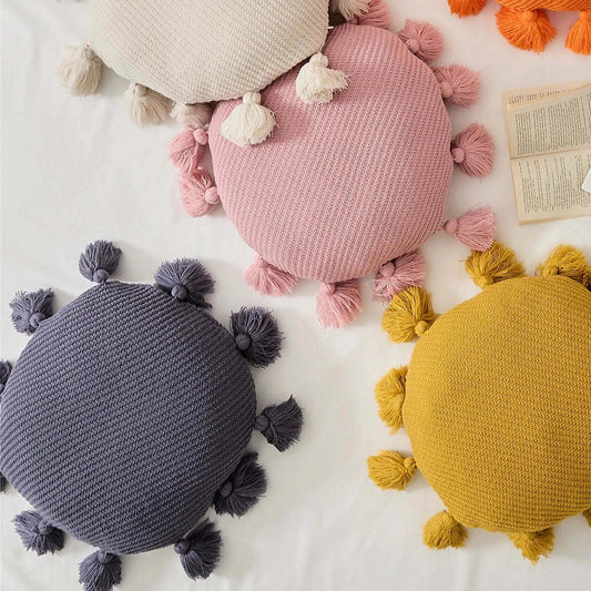 KTX-399571 Nordic Solid Color Tassel Cushion - Beige, Orange, Pink, Dark Blue, Turmeric - 40CM