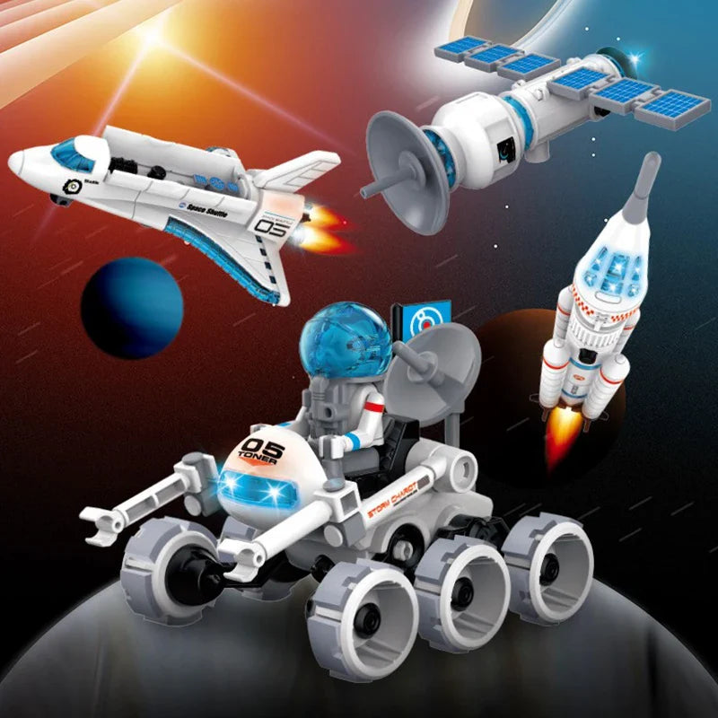 KTX-400019 4-in-1 Educational Space-Themed Building Block Set for Ages 8 and Up - DIY Plastic 3D Model Puzzle