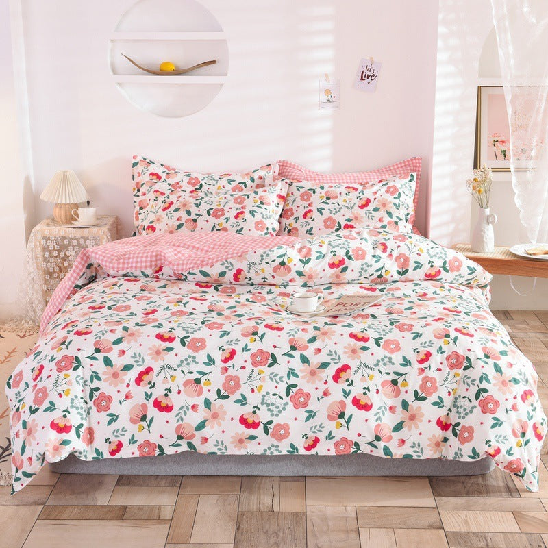 KTX-400083 Three-Piece Floral Duvet Cover Set with Linen and Cotton Bedding for 1.2m to 2.2m Beds