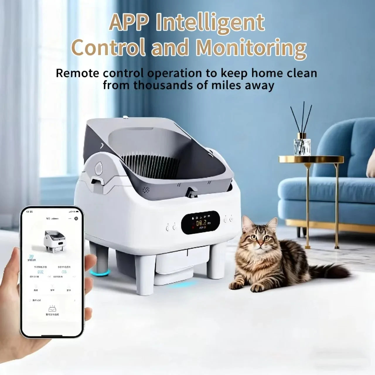 KTX-400211 Automatic Smart Cat Litter Box with Remote Control and Health Monitor - 68L Capacity, Durable PP Plastic